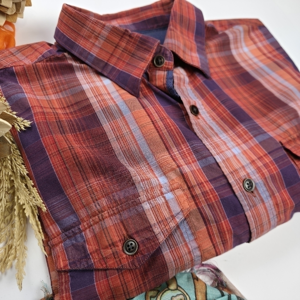 Ocean & Coast Cotton / Tencel Plaid Red and Purple Men's Long Sleeve Shirt Sz L